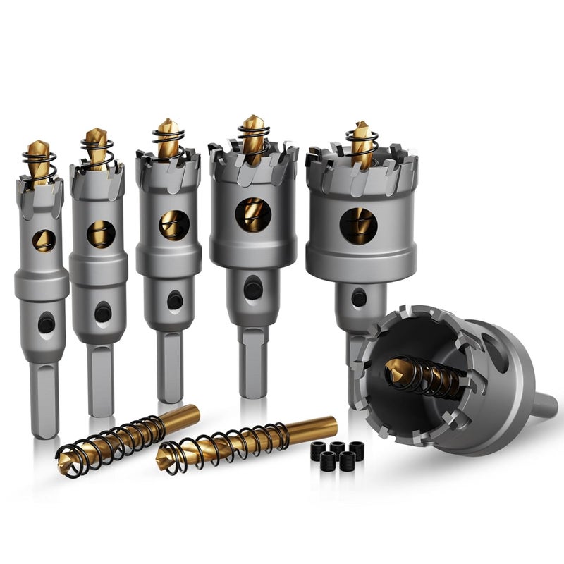 GSTK Hole Saw 8 PCS, Hole Saw for Metal, TCT Hole Cutter, 6Drill Saws with 2* Extra Pilot Center Bits, 2* Springs for Metal, Iron and Stainless Steel, Hard Materials - Image 1